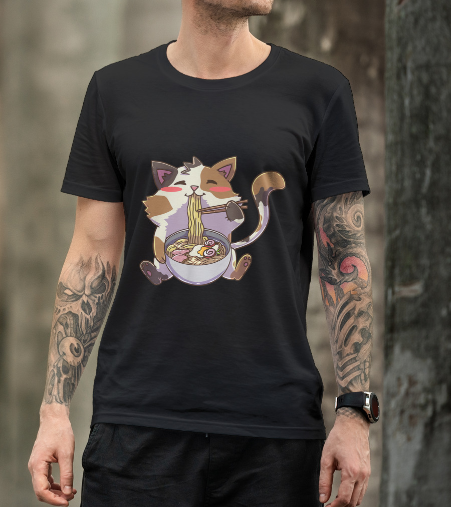 Kawaii Neko Anime Cat Enjoying Ramen Bowl T-Shirt
