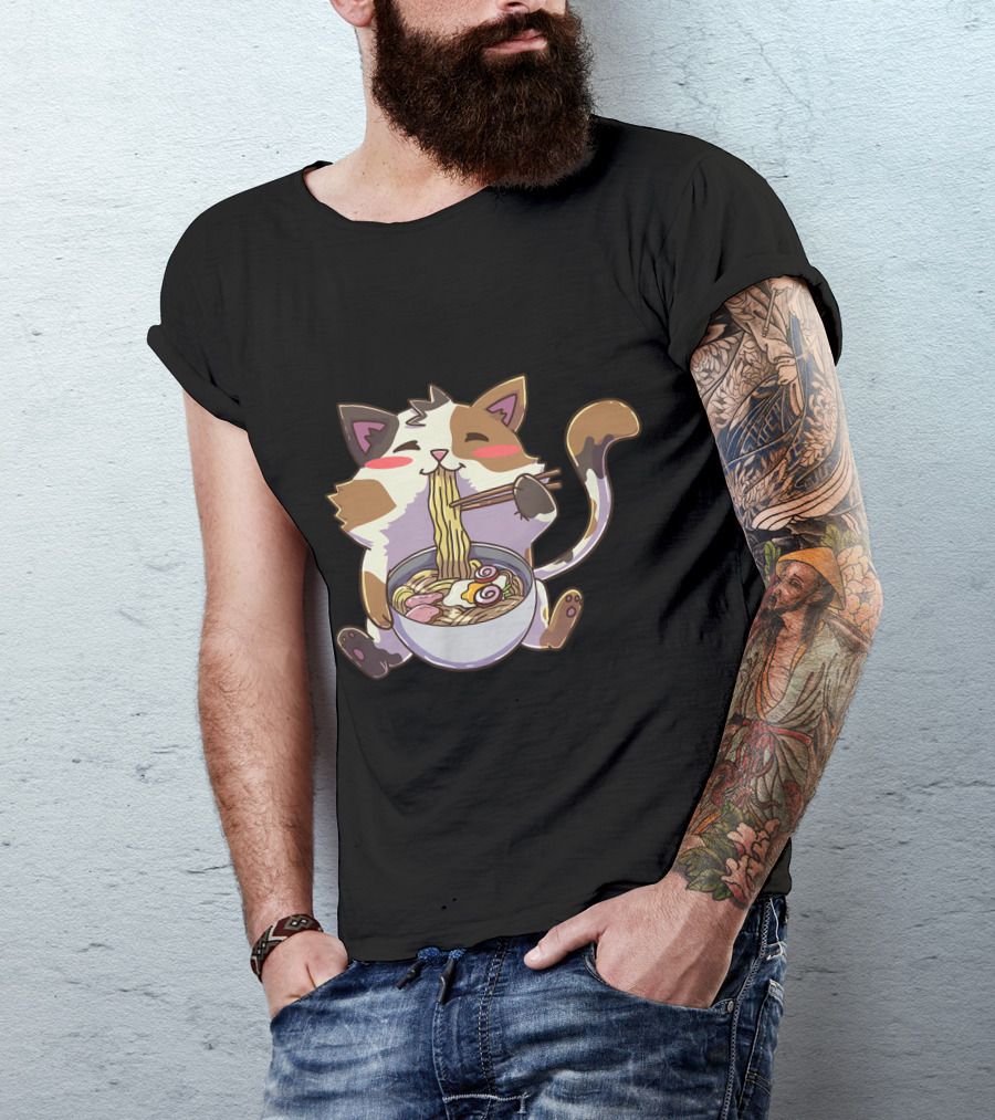 Kawaii Neko Anime Cat Enjoying Ramen Bowl T-Shirt