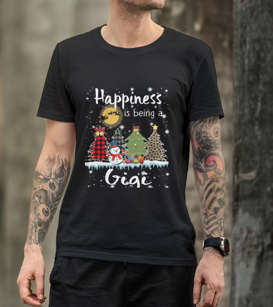 Happiness Is Being A Gigi Christmas Tree Leopard Plaid Snowman Moon Santa T-Shirt