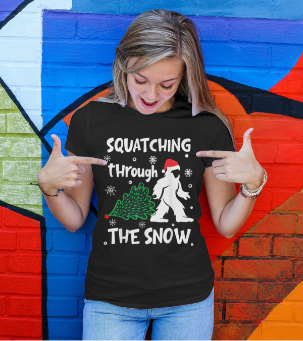 Squatching Through The Snow Christmas Sasquatch Santa Hat Tree T-Shirt