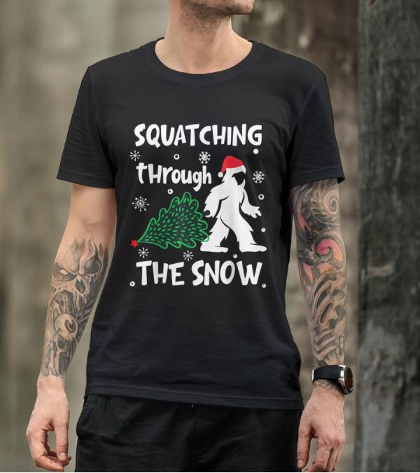 Squatching Through The Snow Christmas Sasquatch Santa Hat Tree T-Shirt