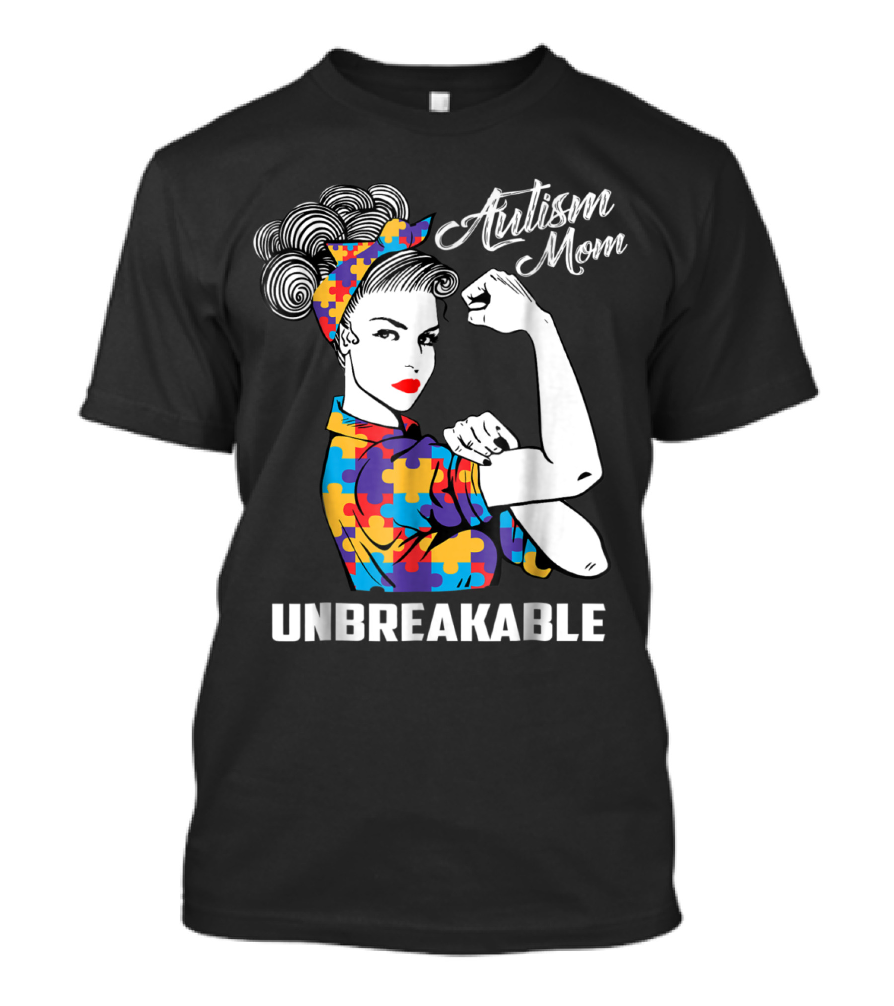 Autism Mom Unbreakable Puzzle Pattern Rosie The Riveter Autism Awareness T-Shirt