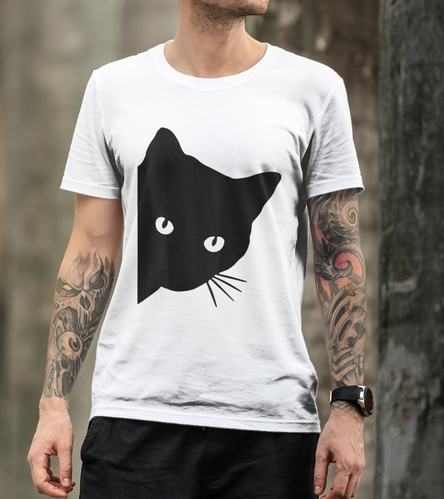 Black Cat Face Peeking Funny Halloween Cat Lovers T-Shirt