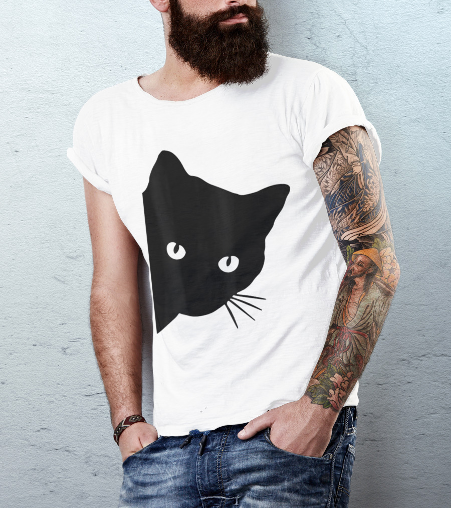 Black Cat Face Peeking Funny Halloween Cat Lovers T-Shirt