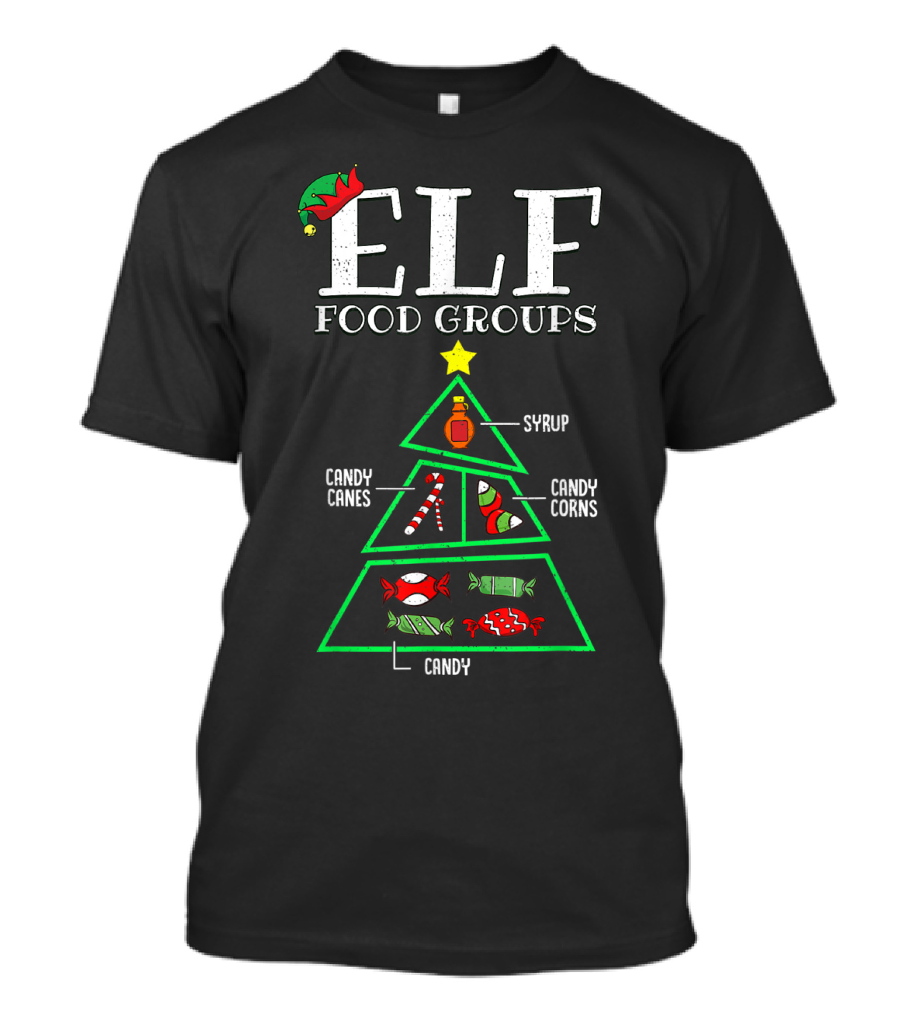 ELF Food Groups Candy Canes Candy Corns Syrup Christmas Tree T-Shirt