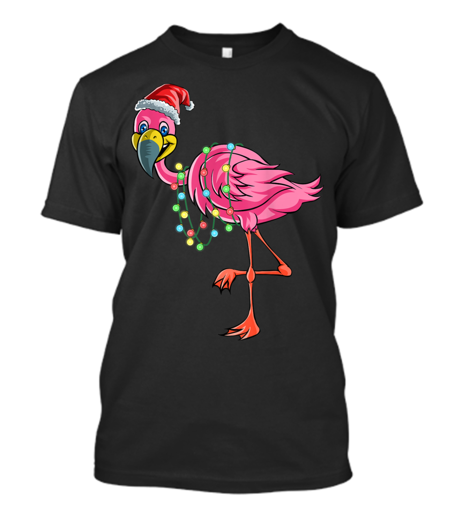 Christmas Flamingo With Santa Hat And Festive Holiday Lights T-Shirt