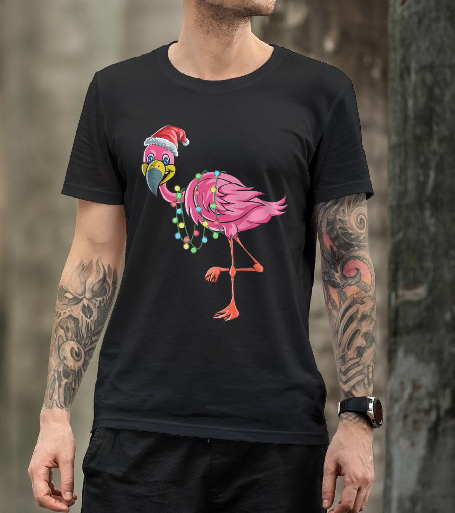 Christmas Flamingo With Santa Hat And Festive Holiday Lights T-Shirt