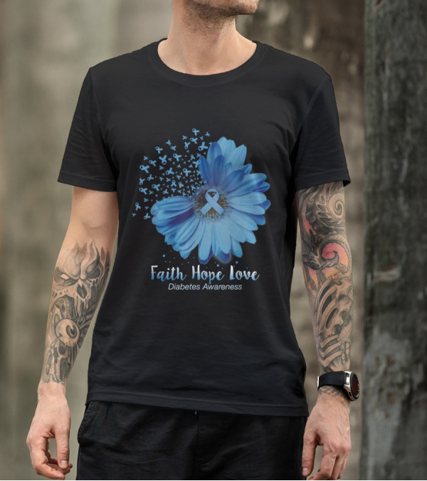 Faith Hope Love Blue Ribbon Sunflower Diabetes Awareness T-Shirt