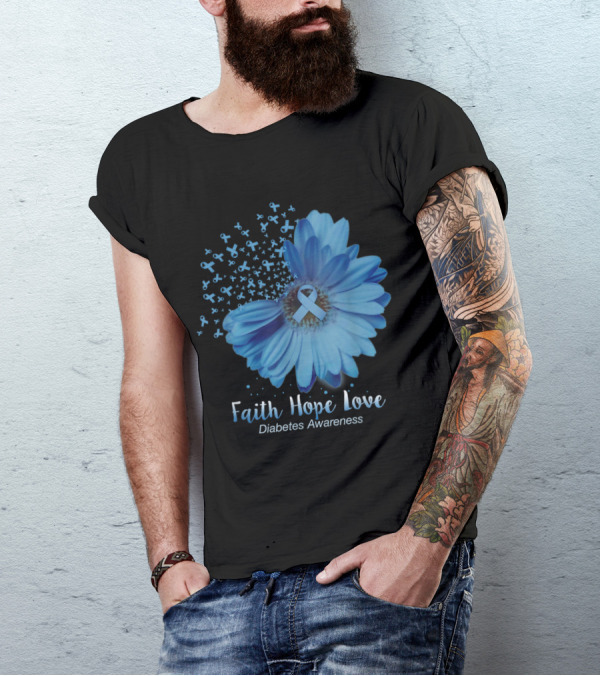 Faith Hope Love Blue Ribbon Sunflower Diabetes Awareness T-Shirt