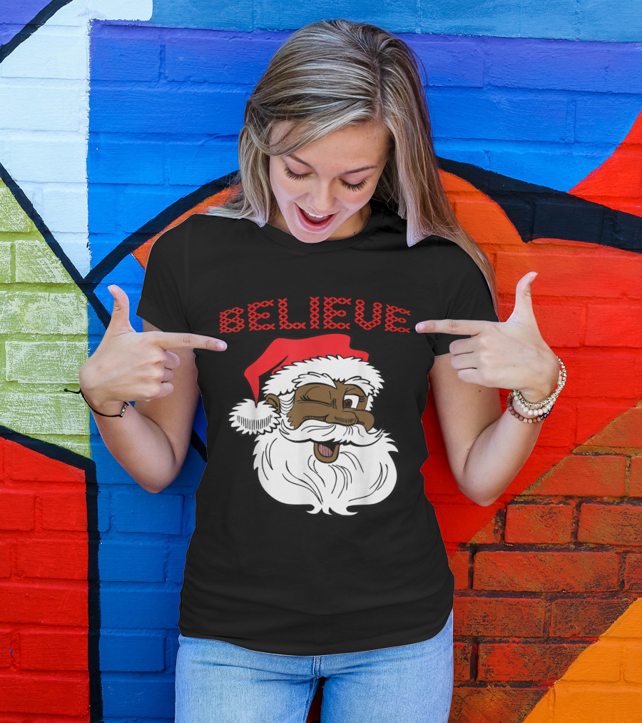 Believe Winking Santa Claus African American Christmas Fun T-Shirt