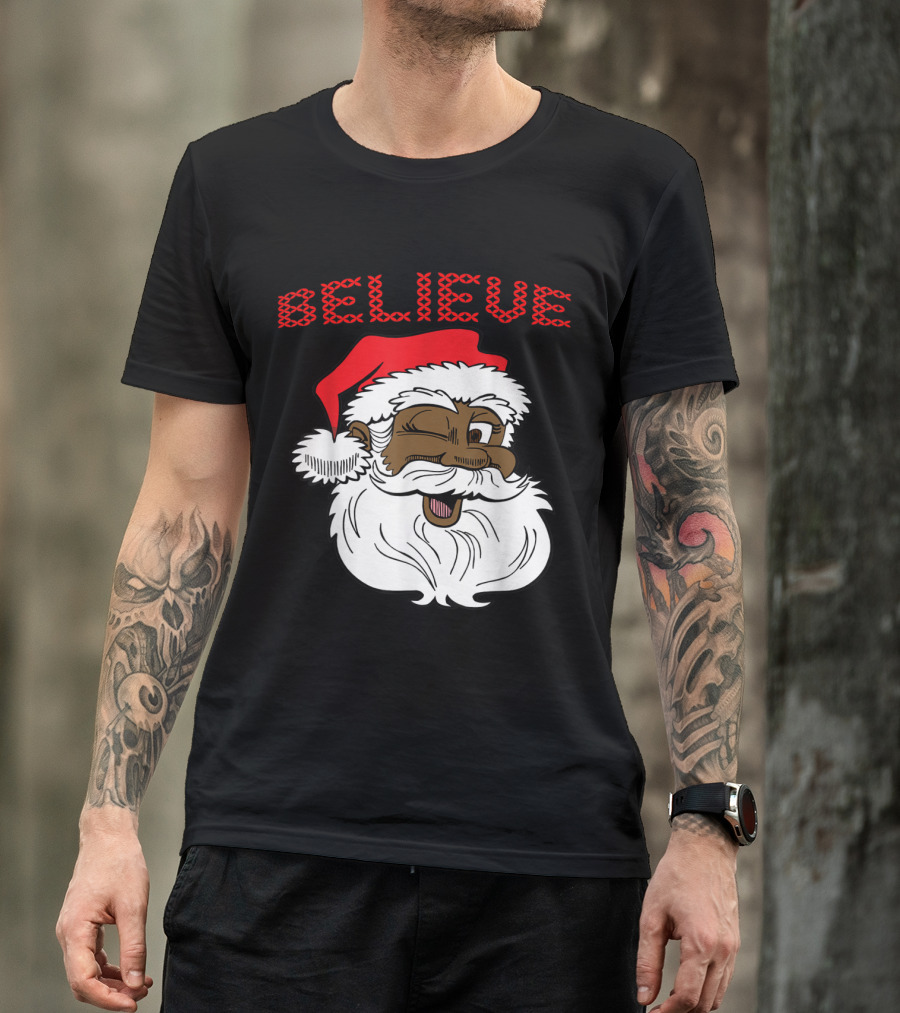 Believe Winking Santa Claus African American Christmas Fun T-Shirt
