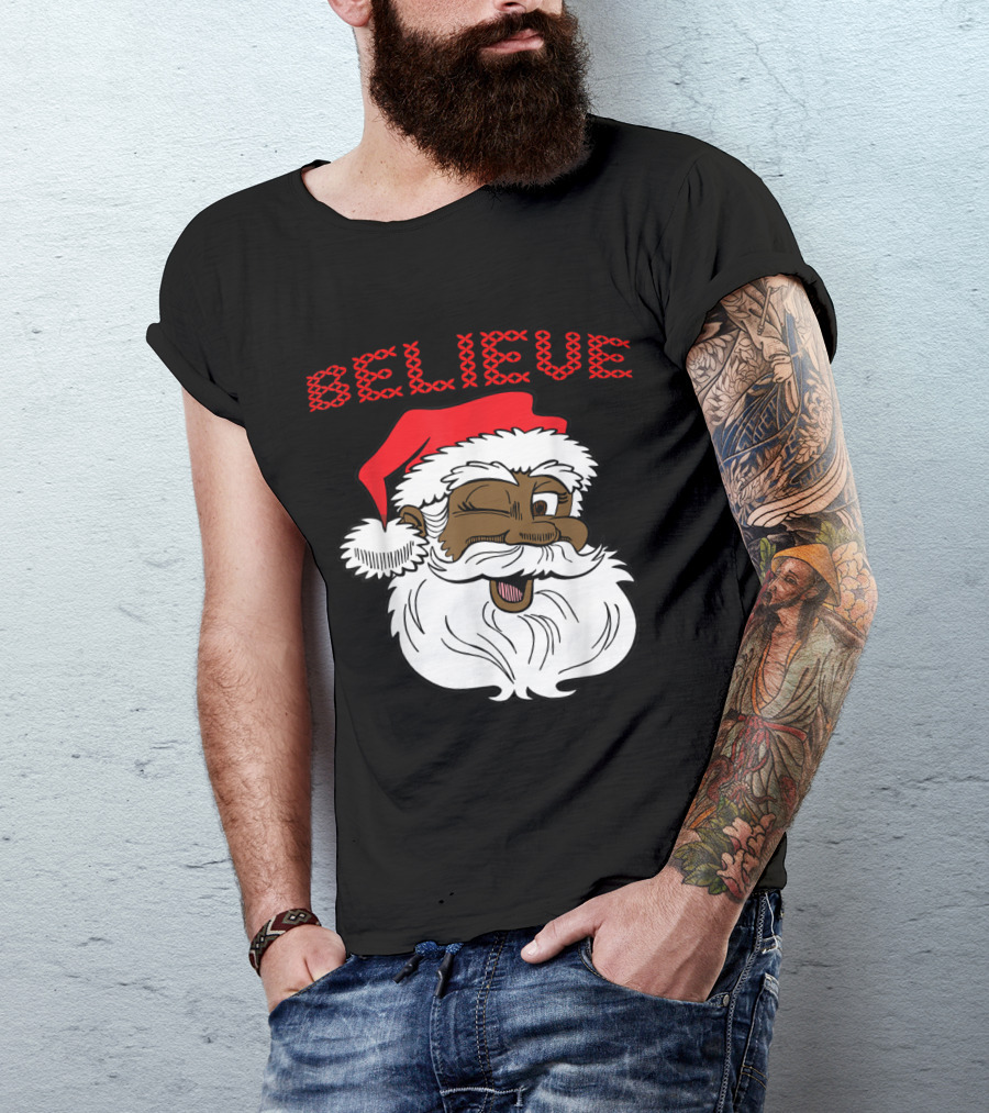 Believe Winking Santa Claus African American Christmas Fun T-Shirt