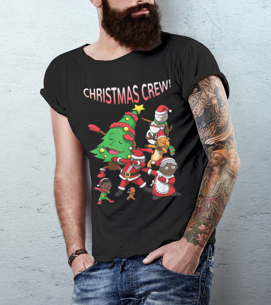 Christmas Crew Dancing Black Santa Claus With Tree And Reindeer T-Shirt