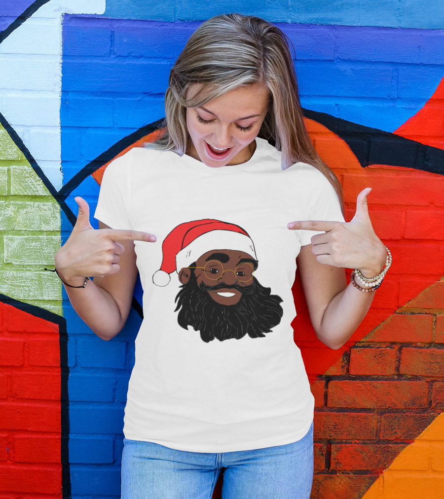 African American Santa Claus With Glasses And Red Hat T-Shirt