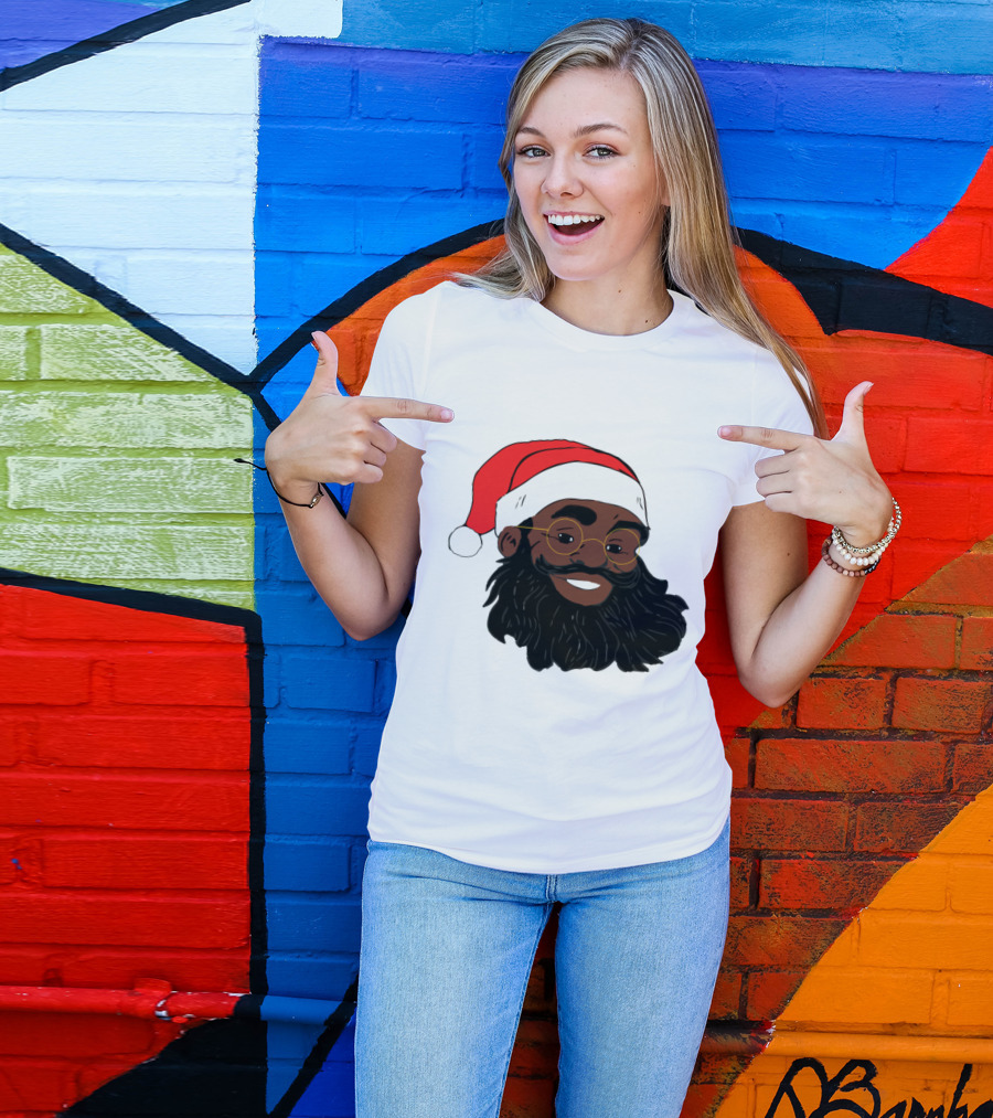 African American Santa Claus With Glasses And Red Hat T-Shirt