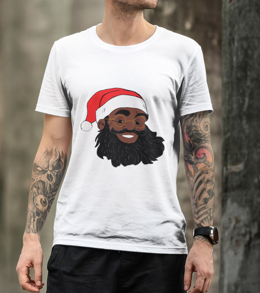 African American Santa Claus With Glasses And Red Hat T-Shirt