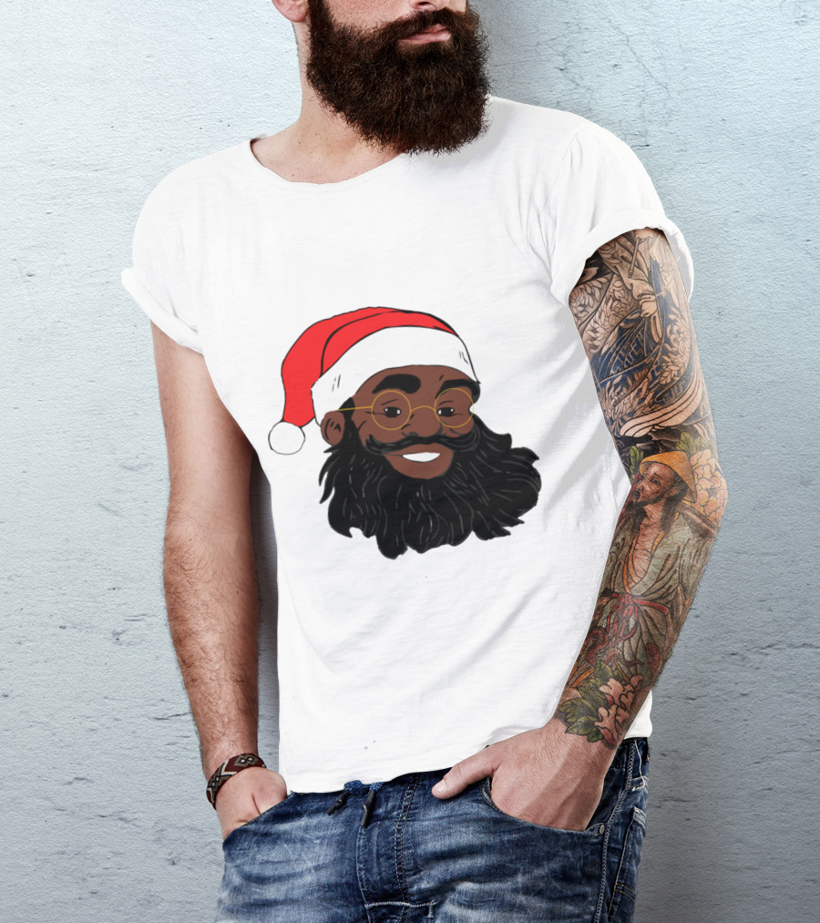 African American Santa Claus With Glasses And Red Hat T-Shirt