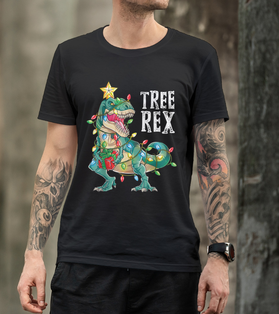 Tree Rex Dinosaur With Christmas Lights And Present T-Shirt