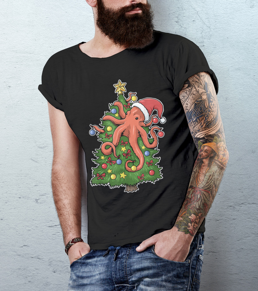 Christmas Octopus Squid Kraken Merry Christmas Tree Santa Hat T-Shirt