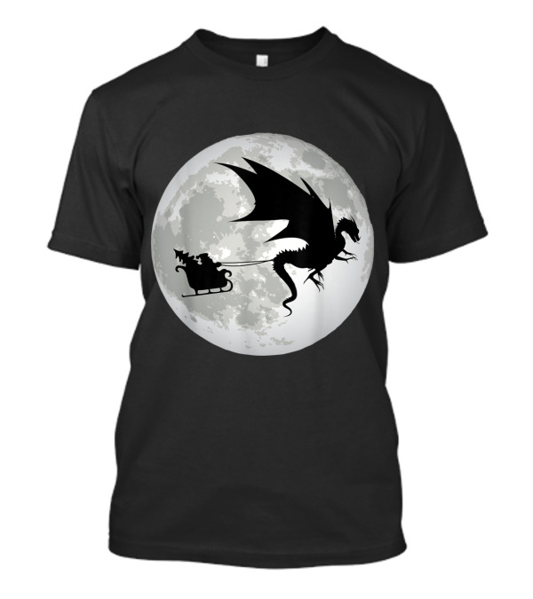 Christmas Santa Claus Dragon Sleigh Silhouette Flying Past The Moon T-Shirt