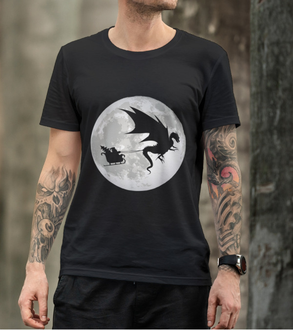 Christmas Santa Claus Dragon Sleigh Silhouette Flying Past The Moon T-Shirt