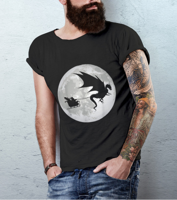 Christmas Santa Claus Dragon Sleigh Silhouette Flying Past The Moon T-Shirt