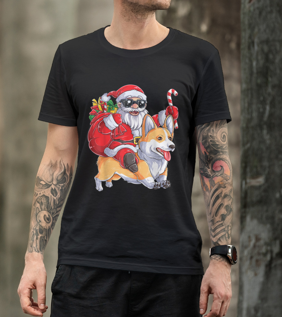 Corgi Christmas Santa Claus Riding With Corgmas Candy Cane T-Shirt