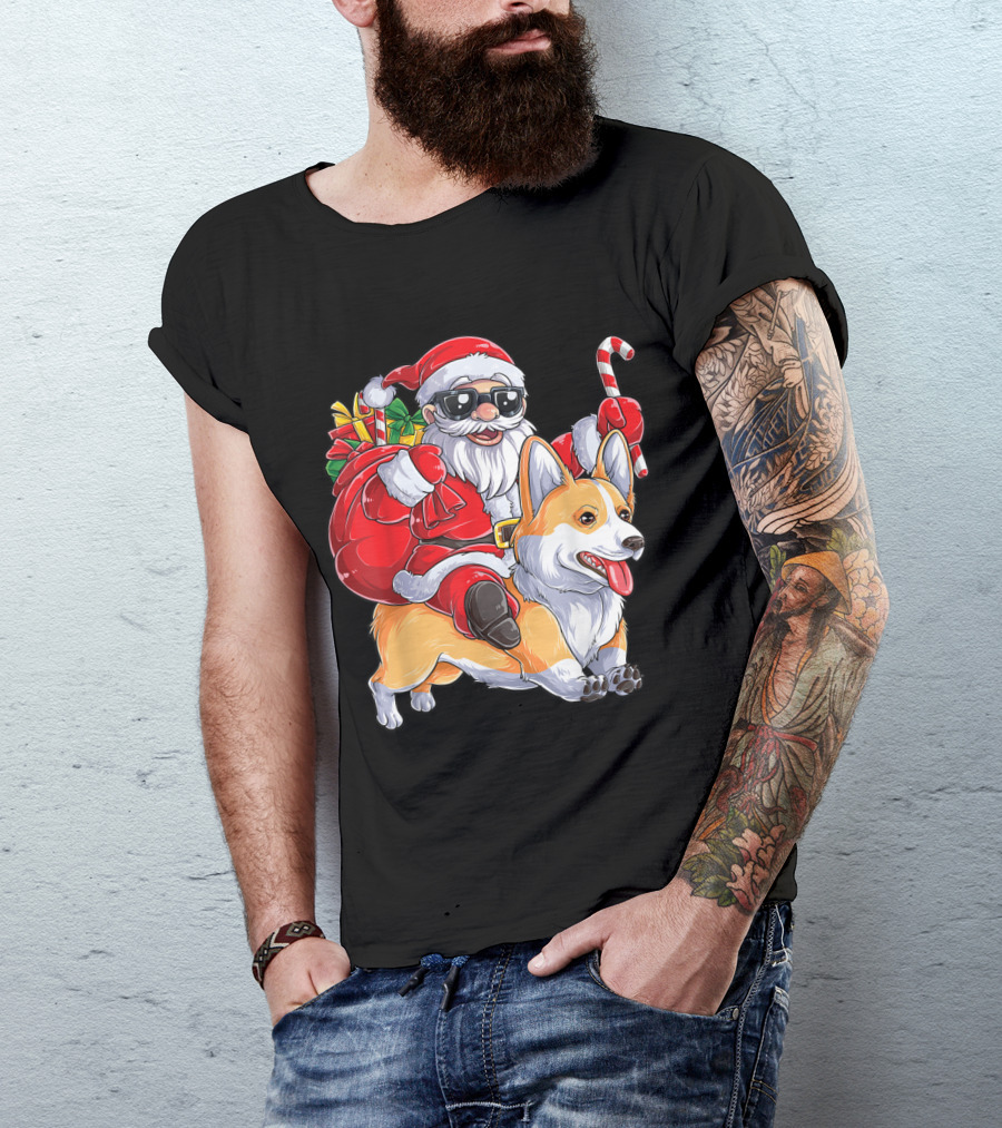 Corgi Christmas Santa Claus Riding With Corgmas Candy Cane T-Shirt