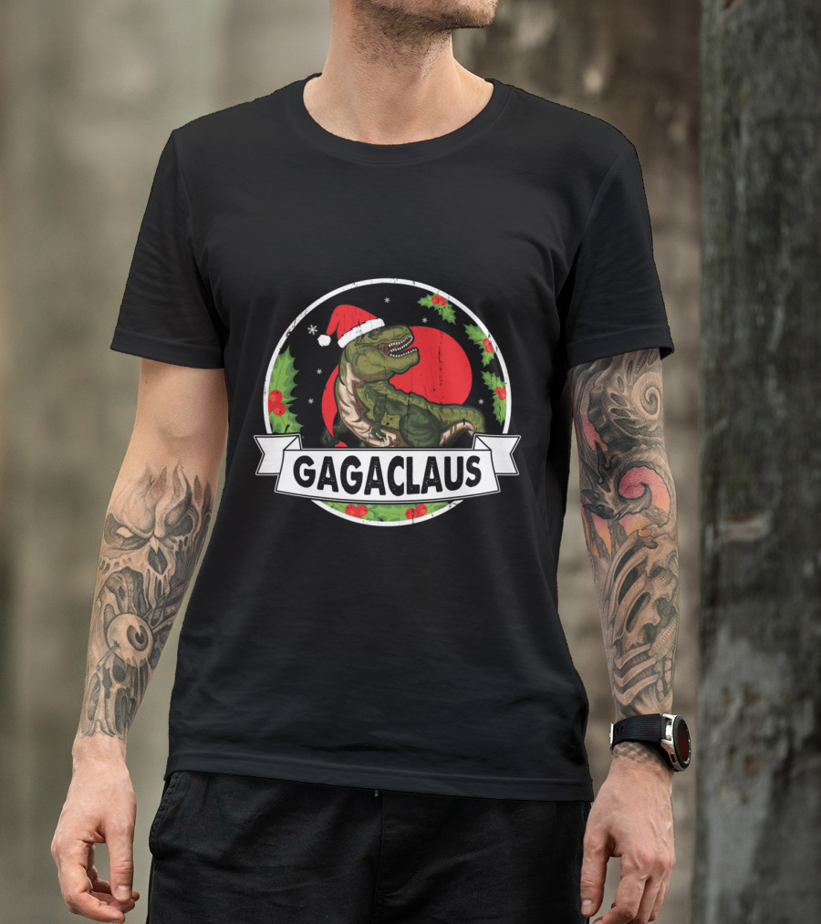 Gaga Claus Dinosaur Santa Claus With Big Xmas Present Merry T-Shirt