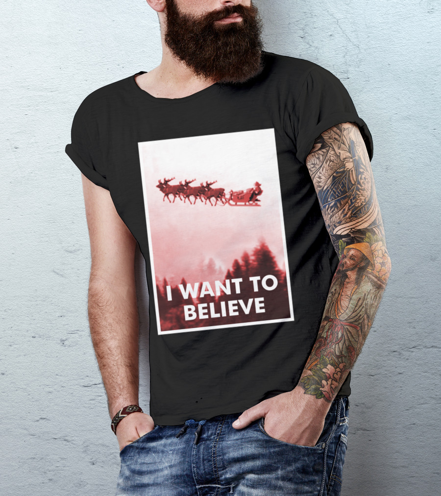 Funny Christmas UFO Santa Claus I Want To Believe Reindeer Sleigh T-Shirt