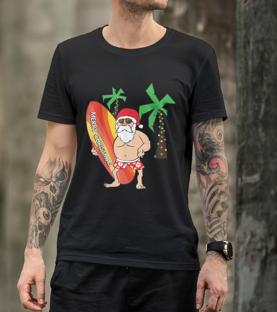 Merry Christmas Funny Santa Claus Surfing Hawaii T-Shirt