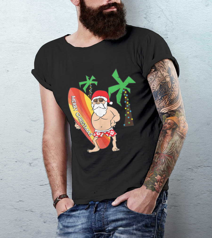 Merry Christmas Funny Santa Claus Surfing Hawaii T-Shirt