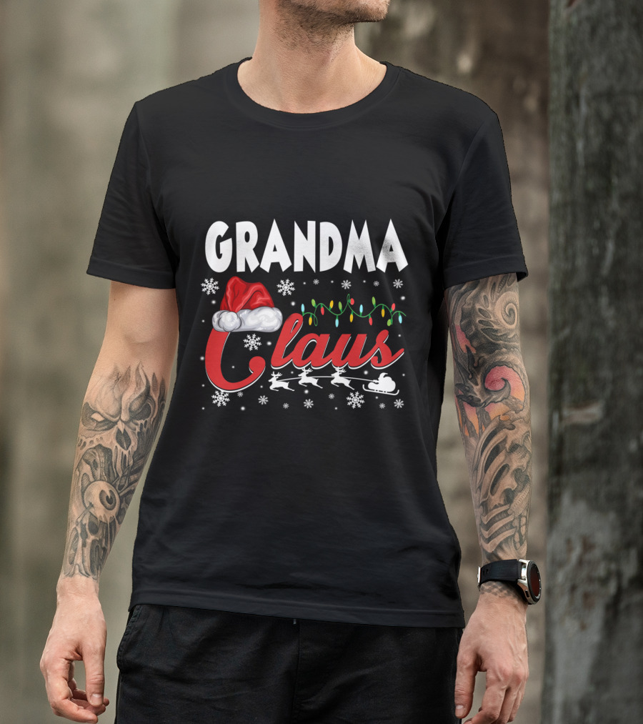 Grandma Claus Christmas Santa Hat Reindeer Lights Snowflakes Matching Family T-Shirt