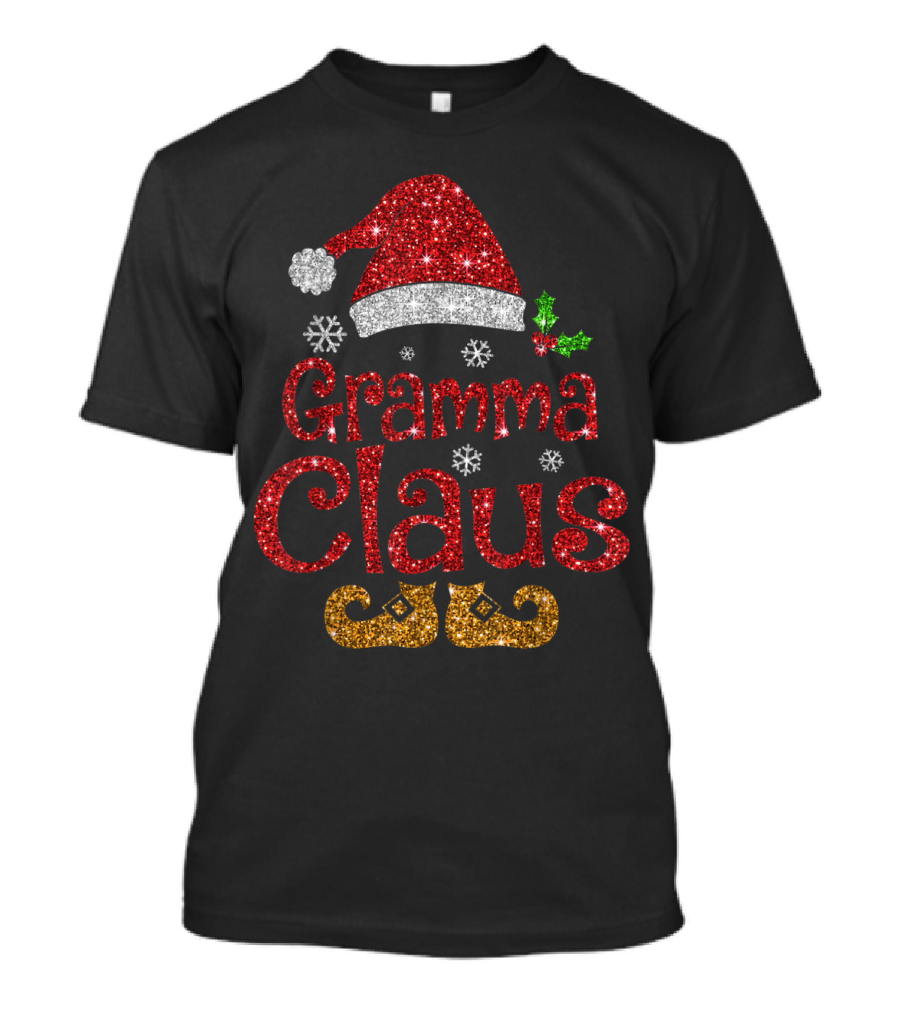 Gramma Claus Santa Hat Snowflakes Holly Berries Christmas Sparkle T-Shirt