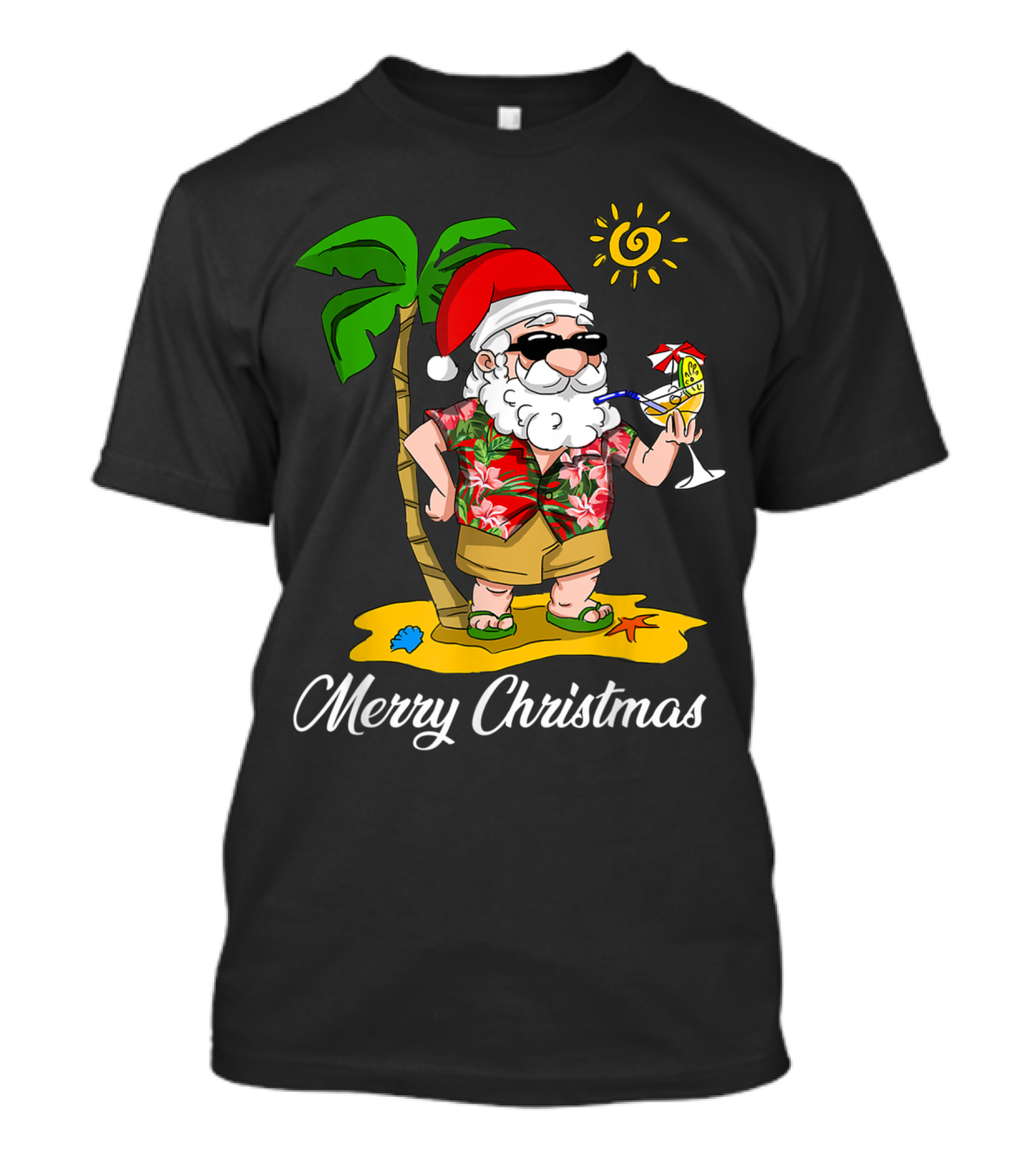 Merry Christmas Santa Claus Funny Hawaiian Beach Scene T-Shirt
