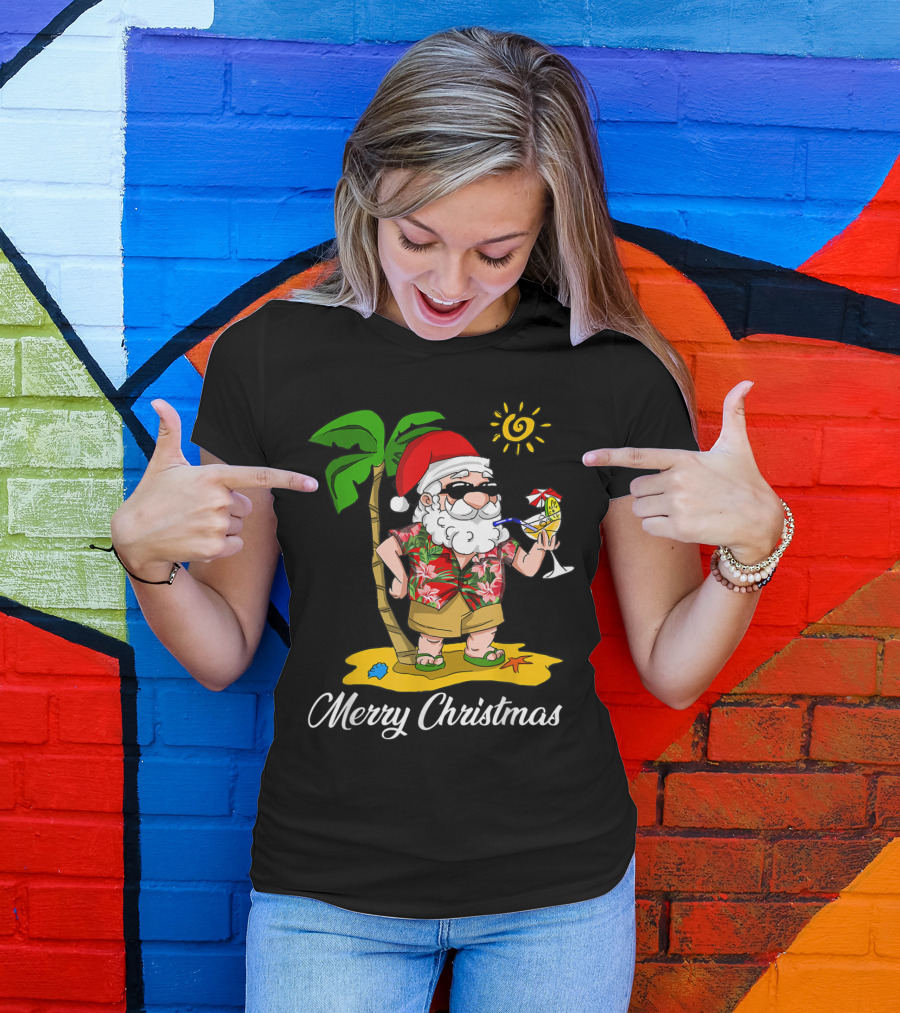 Merry Christmas Santa Claus Funny Hawaiian Beach Scene T-Shirt