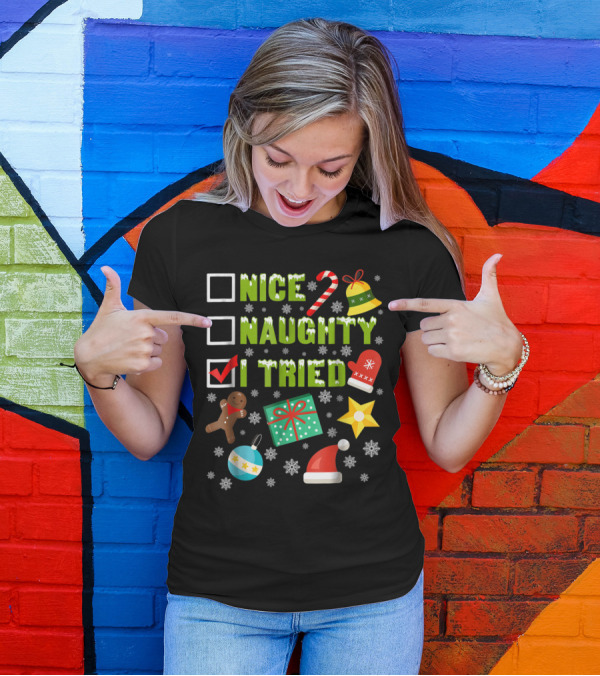 Nice Naughty I Tried Christmas Candy Cane Gingerbread Present Snowflakes T-Shirt