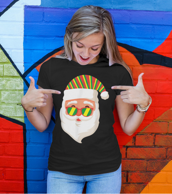 Rasta Colors Santa Claus With Rastafari Flag Hat And Sunglasses T-Shirt