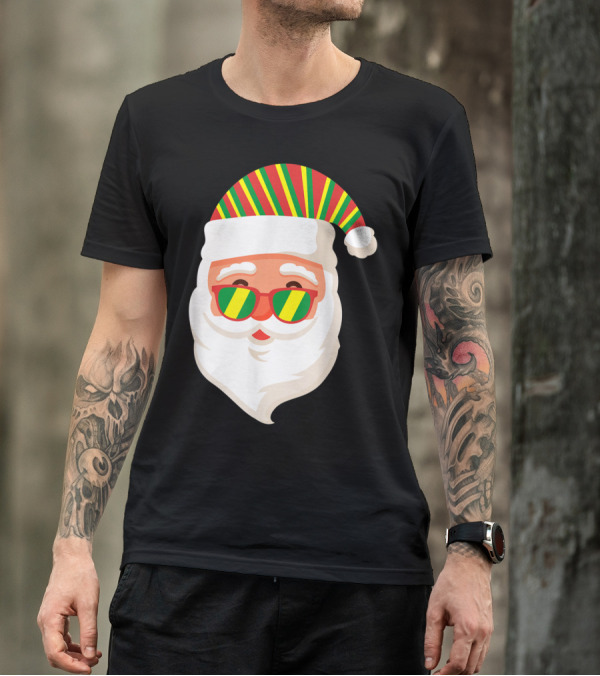 Rasta Colors Santa Claus With Rastafari Flag Hat And Sunglasses T-Shirt