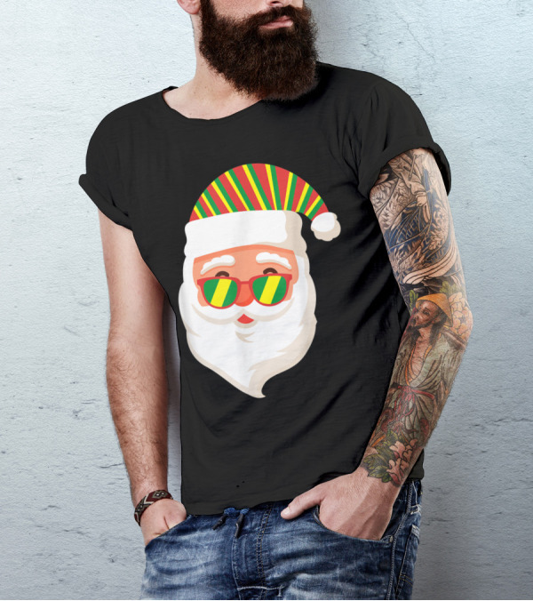 Rasta Colors Santa Claus With Rastafari Flag Hat And Sunglasses T-Shirt