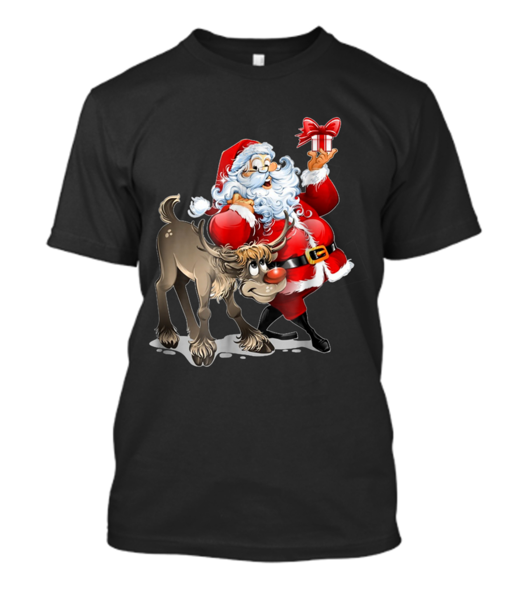 Santa Claus Carrying Gift With Rudolph Red Nosed Reindeer T-Shirt