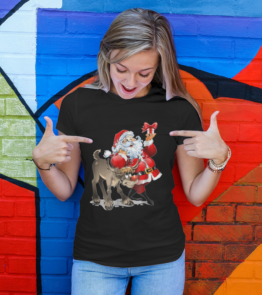 Santa Claus Carrying Gift With Rudolph Red Nosed Reindeer T-Shirt