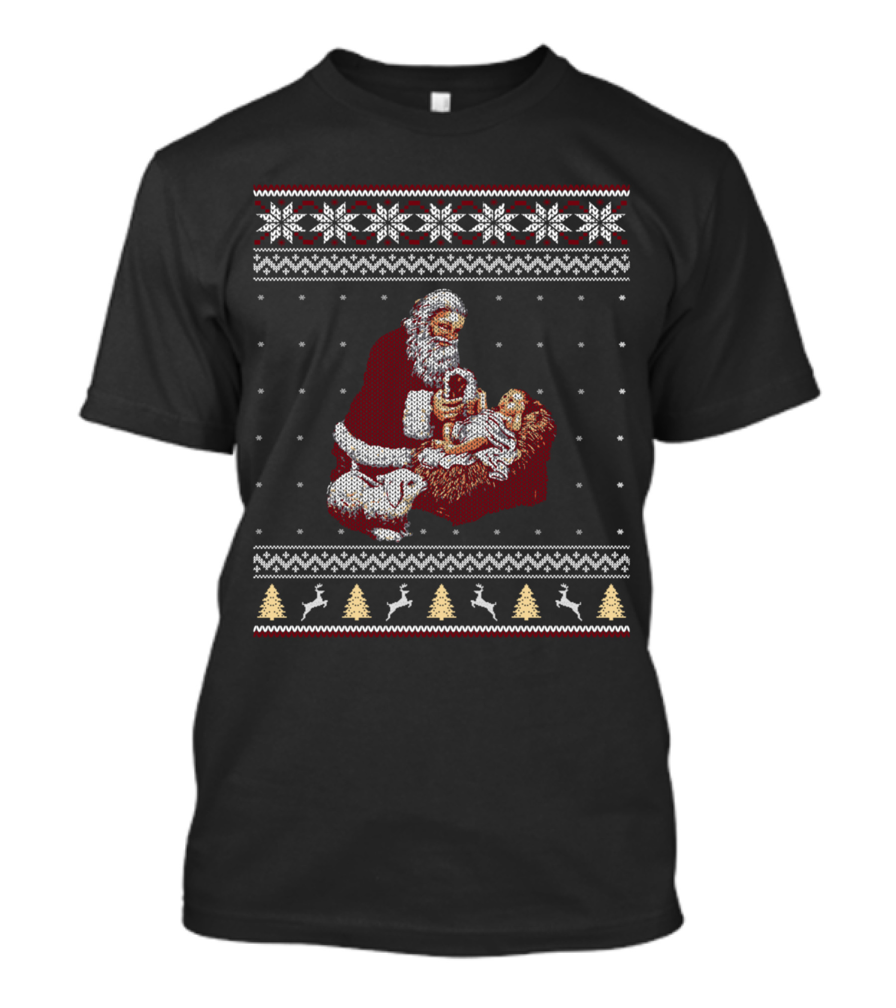 Santa Claus Knitting Baby Jesus Nativity Manger Reindeer Snowflakes Christmas T-Shirt