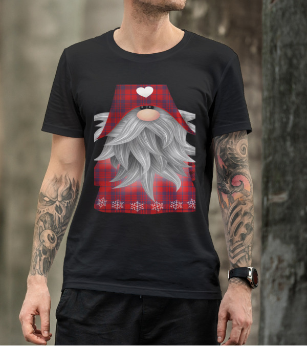 Santa Claus Garden Gnome Merry Christmas Snowflakes Plaid T-Shirt