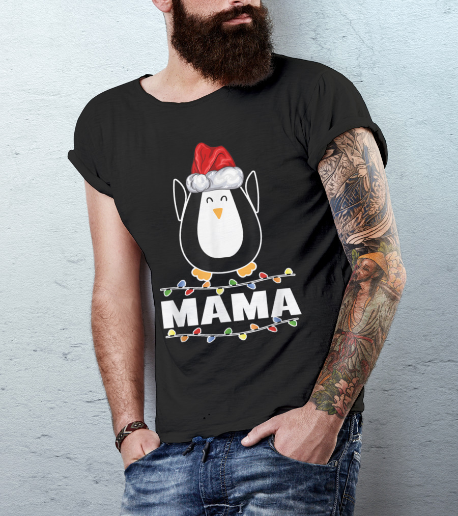 Santa Claus Penguin Mama Christmas Ugly Party Holiday Lights T-Shirt