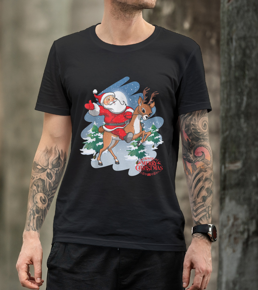 Santa Claus Riding Reindeer Merry Christmas T-Shirt