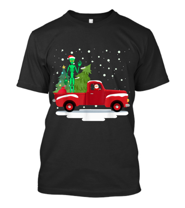 Santa Claus And Alien With Christmas Tree In Snowy Red Truck Scene T-Shirt