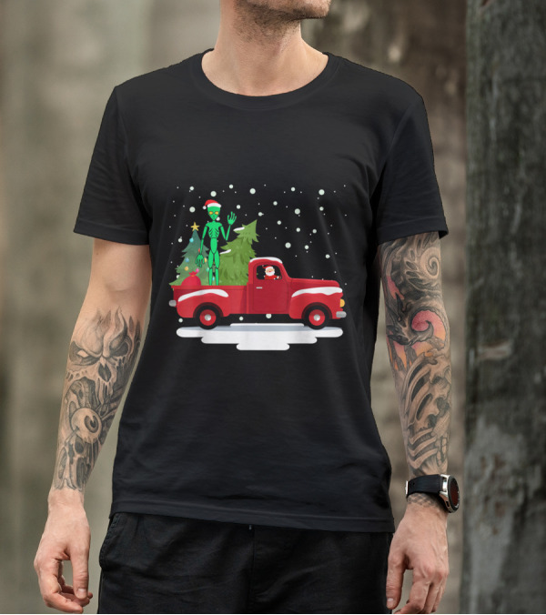 Santa Claus And Alien With Christmas Tree In Snowy Red Truck Scene T-Shirt