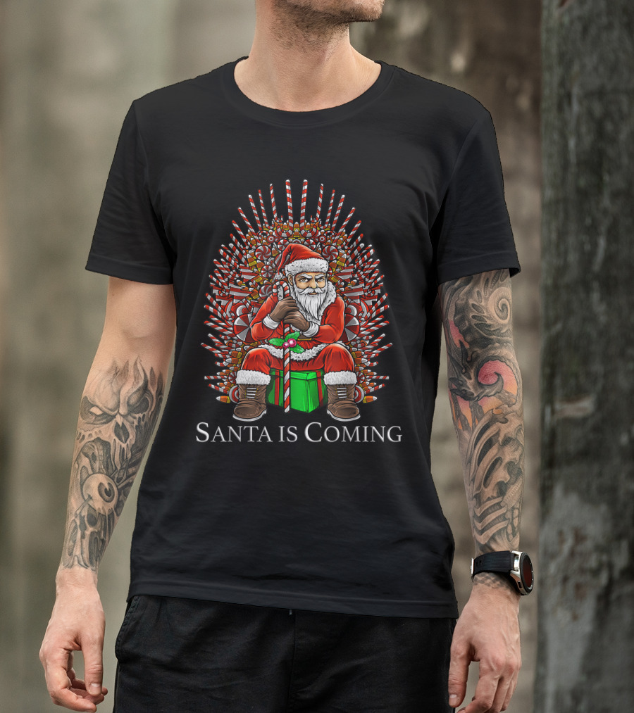 Santa Is Coming Candy Cane Throne Christmas T-Shirt