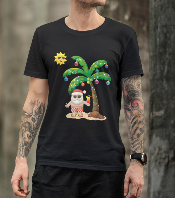 Mele Kalikimaka Aloha Santa Claus Under Palm Tree With Sunglasses Sun T-Shirt
